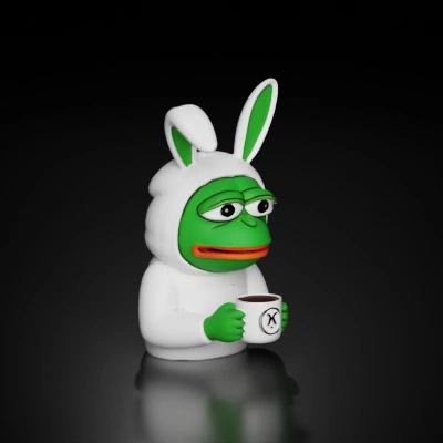 frog in bunny costume with coffee.