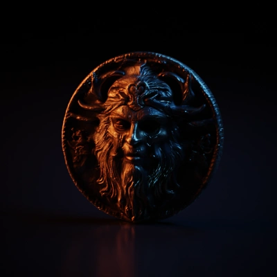 Slavic god Veles Carved wooden face with ornate details and leaves, mature face look, sharp edges, detailed, wooden coin, old dry wood.
