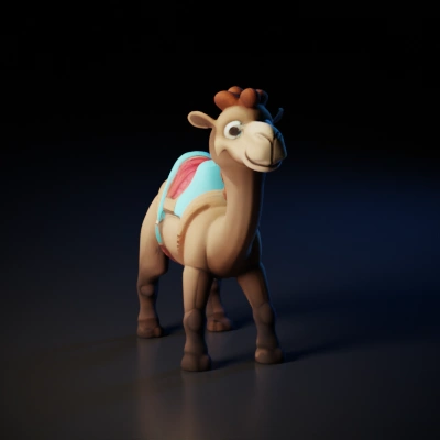 Cartoon camel character with friendly expression.