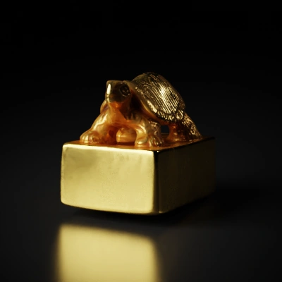 Golden turtle sculpture on rectangular base.