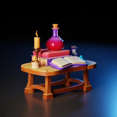 Books and potion on a table.