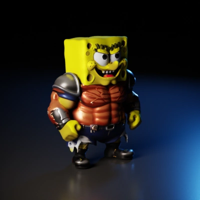 Muscular cartoon sponge character.