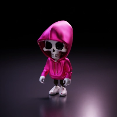 Stylized skeleton character in hoodie.