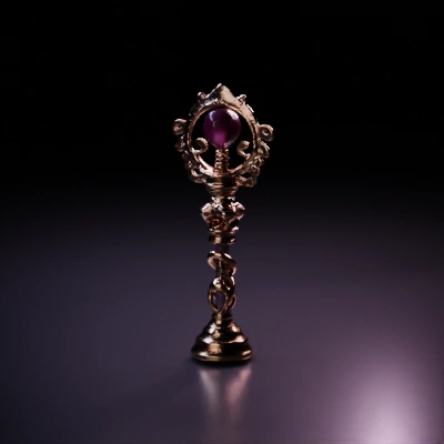 Magical ornate scepter with intricate designs, gemstone center.
