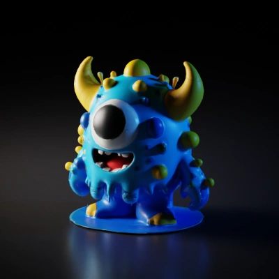Cyclopean cartoon monster, smiling, horns and tentacles.