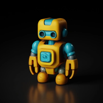 Small toy robot with camera-like eyes, friendly design.