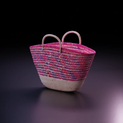 Woven basket with handles, intricate pattern.