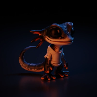 Small dragon-like creature wearing a t-shirt, cute design.