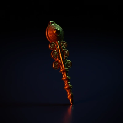 Ornate ceremonial staff, intricate design, spiraling patterns.