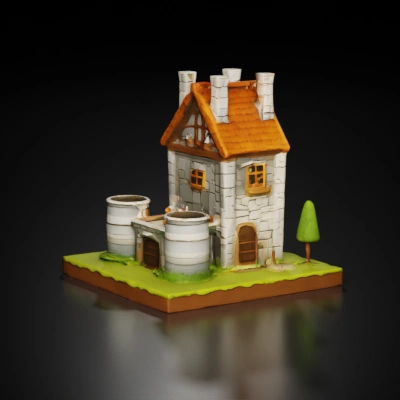 Medieval tavern with stone walls and barrels on the side.