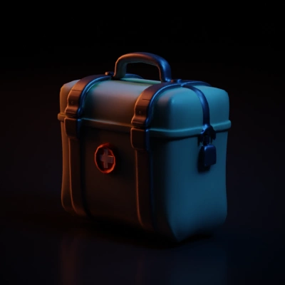 First-aid kit, portable medical box, handle on top.
