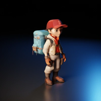 Adventurous young hiker with backpack and cap.