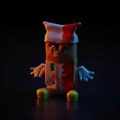 Kinder-themed character with gloves with 4 fingers and shoes.
