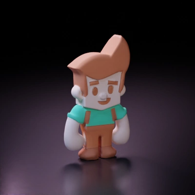 Cartoon boy with brown hair, big eyes, green shirt.