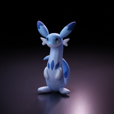 Cute, Smooth, Rounded, blue dragon-like creature with large ears.