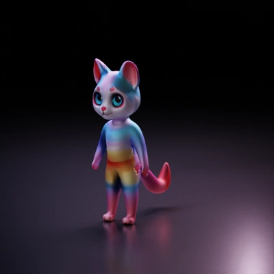 Anthropomorphic cat with striped, rainbow-colored fur, bipedal stance.