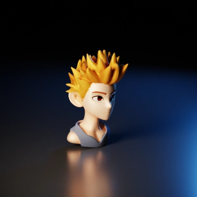 Stylized animated character bust with spiky hair, anime-style.