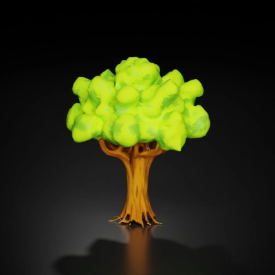 Tree illustration with leafy crown and branching trunk.