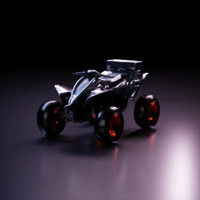 Four-wheeled off-road vehicle, rugged design, high suspension.