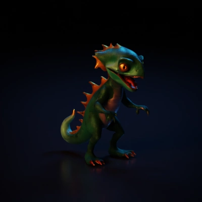 Cartoon dragon, big eyes, and sharp teeth.