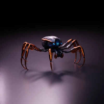 Mechanical spider robot, mainly grey color, a little bit of orange mainly on legs. Blue lights in the front