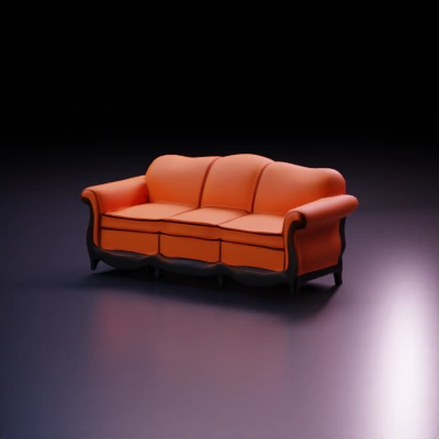Comfortable three-seater couch, classic design, orange felt, black pinstripe, black wood frame