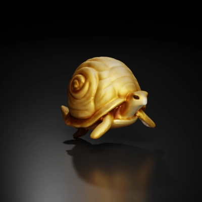 Turtle sculpture with spiral shell.