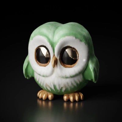 Cute, wide-eyed owl, cartoonish character.