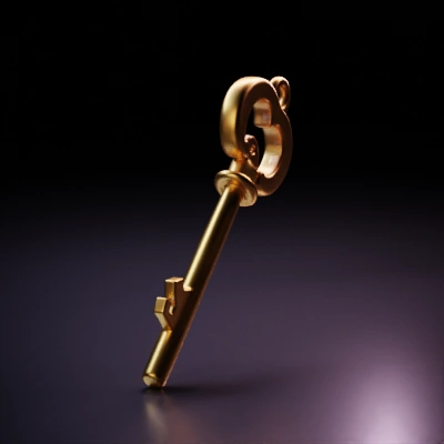Golden ornate key with intricate design, fantasy style.