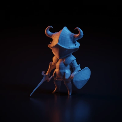 Knight in ornate armor, armed with sword and shield. symmetric geometry. character. sharp edges. complex geometry.