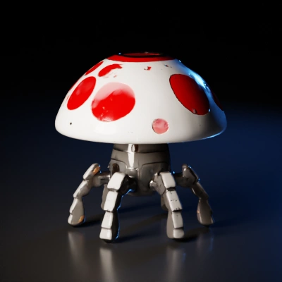 Mushroom-shaped robot with mechanical legs, cartoon style.