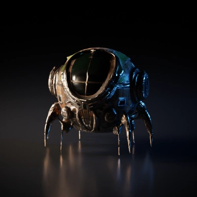 Steampunk-themed mechanical spider with cockpit. patches of vegetation growing on the surface
