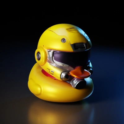 Duck wearing a futuristic helmet with advanced tech details.