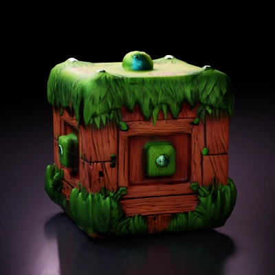 Wooden cube with grass and moss details.