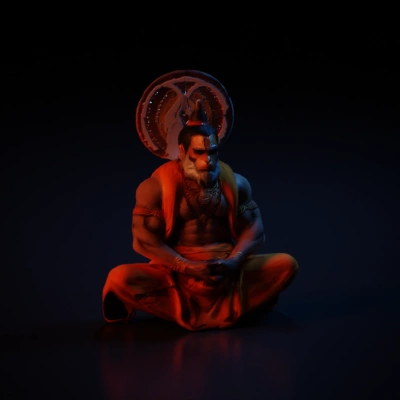Chimpanzee humanoid monk with muscular build, meditative pose.