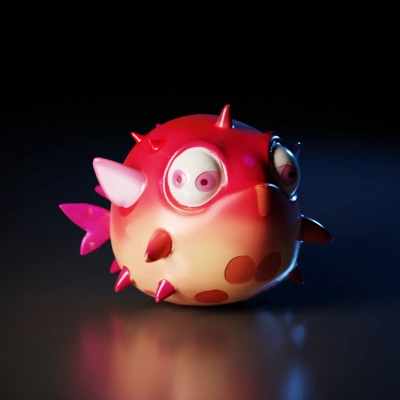 Cartoon pufferfish with large eyes, spikes, fins.
