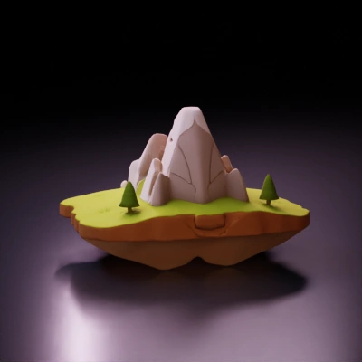 Low-poly terrain with mountain, trees, and rocks.