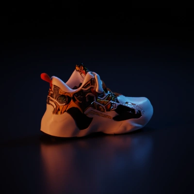 Sports shoe with robotic design and colorful patterns.