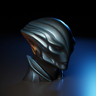 alien creature with textured skin and an orange firey spark in the eyes..