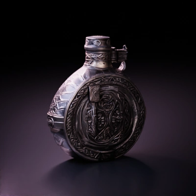 Ornate metal flask with intricate carvings. bump mapping