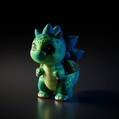 Cute baby dinosaur wearing a small satchel.
