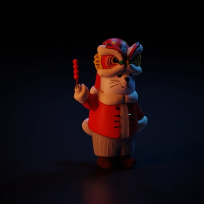 A cheerful beaver in festive red attire with gold accents and a vibrant lion dance headpiece.