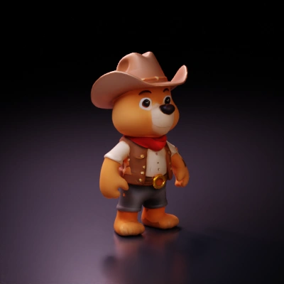 Cowboy bear character, cute and friendly.