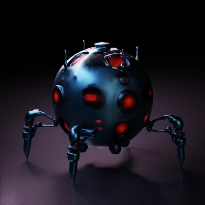 Sphere robot with red laser eyes and welded metal parts