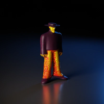 humanoid figure with hat and gold glitter pants.