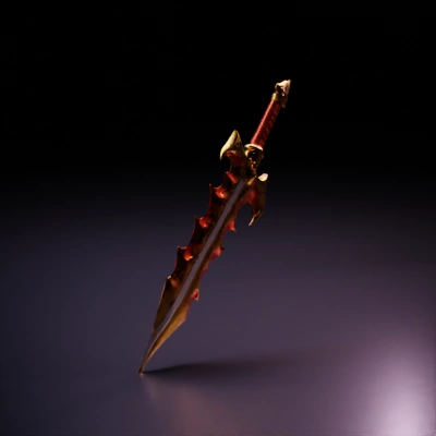 Flaming sword with jagged edges, medieval fantasy weapon.