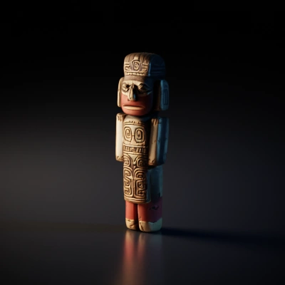 Wooden tribal figurine with intricate patterns.
