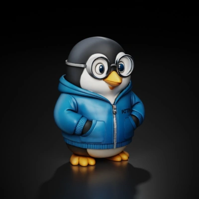 Penguin in blue hoodie with glasses, in his hoodie only write I T I N .
