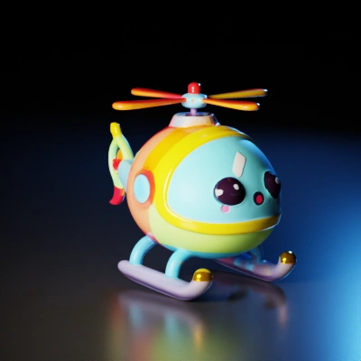 Toy helicopter with cute face, simplistic design.