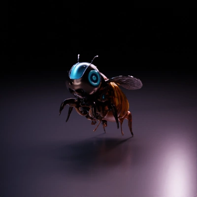Robotic bee, metallic and detailed design.